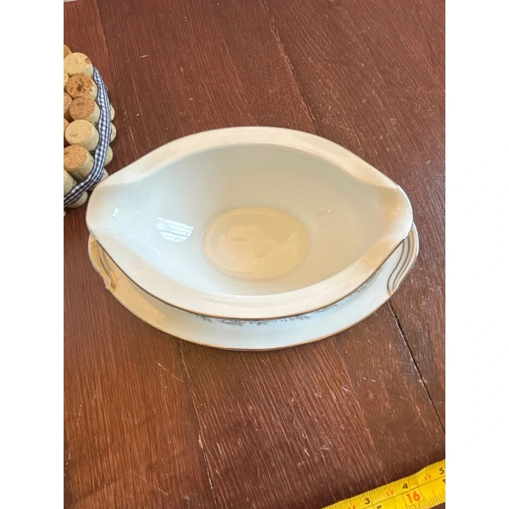 Noritake China Crestmont 6013 Gravy Boat Attached Underplate Gold Trim Japan